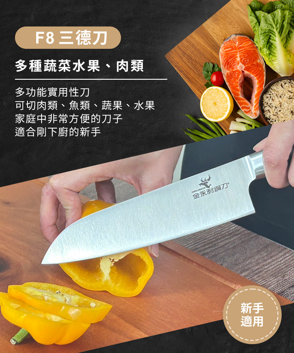 【金永利鋼刀】F8尖鋒三德刀｜全能料理刀+lava cooking 台製32cm七層複合式合金不沾炒鍋, , large