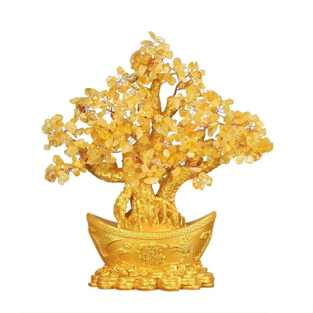 【A&R】招財黃水晶樹 聚寶盆 金元寶款 高18cm , , large