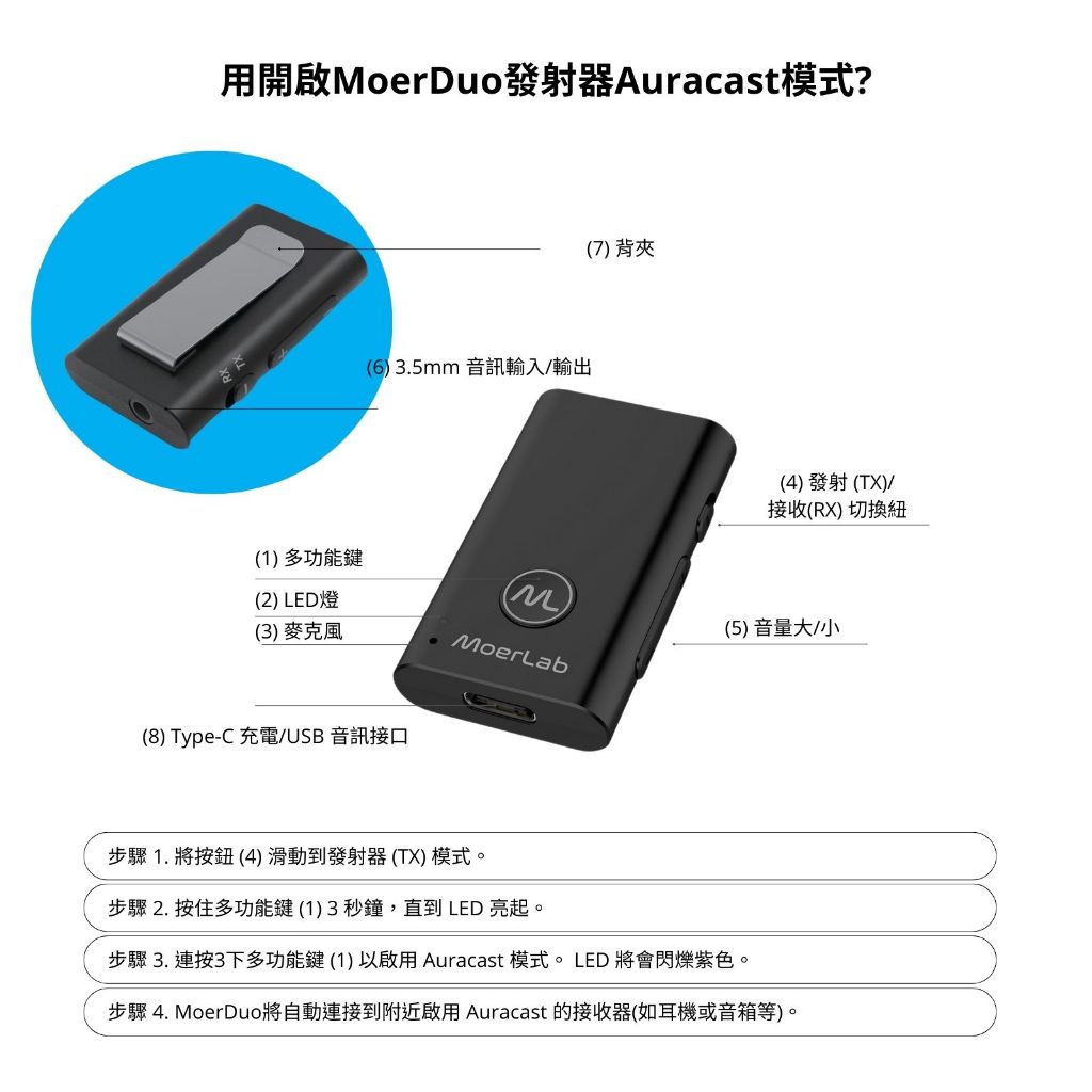 MoerDuo藍牙Auracast音訊接收發射器, , large