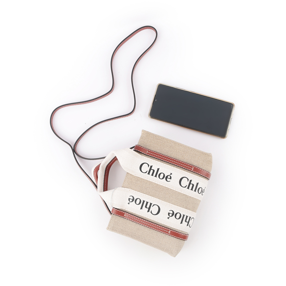 CHLOE' Woody 帆布拼牛皮手提/斜背二用托特包/迷你/焦糖色, , large