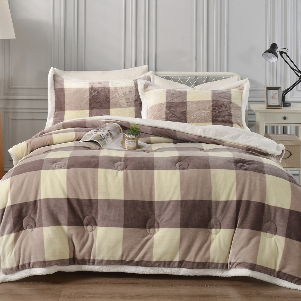 [LY SHIN BEDDING] Betrise Fashionable coffee grid | Simple Milk Velvet X Lamb Velvet  Hemming Double-sided thickened multi-functional warm quilt (big size 180X210CM), , large