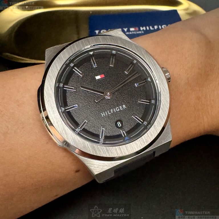 [星晴錶業]TommyHilfiger手錶,44mm,TH00074黑色錶面銀錶殼深黑色真皮皮革錶帶款, , large