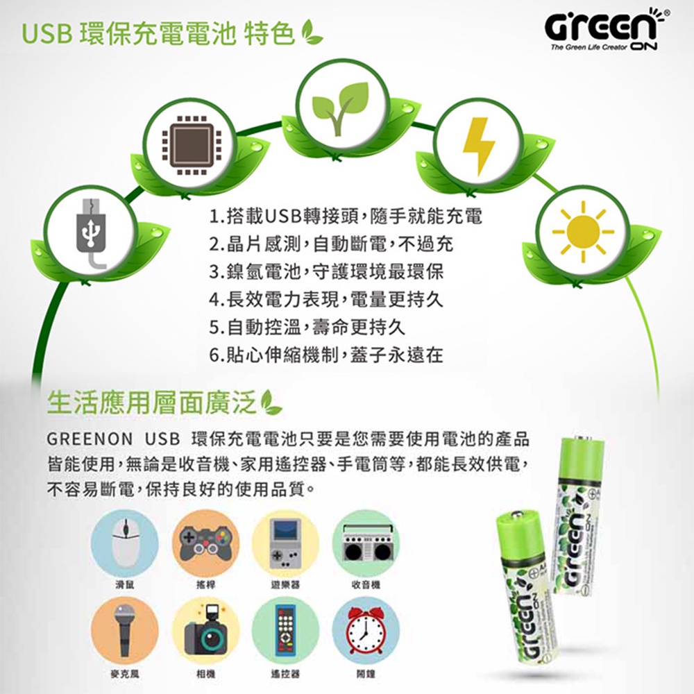 【GREENON】USB充電環保電池(AA/3號)-2入 鎳氫電池, , large