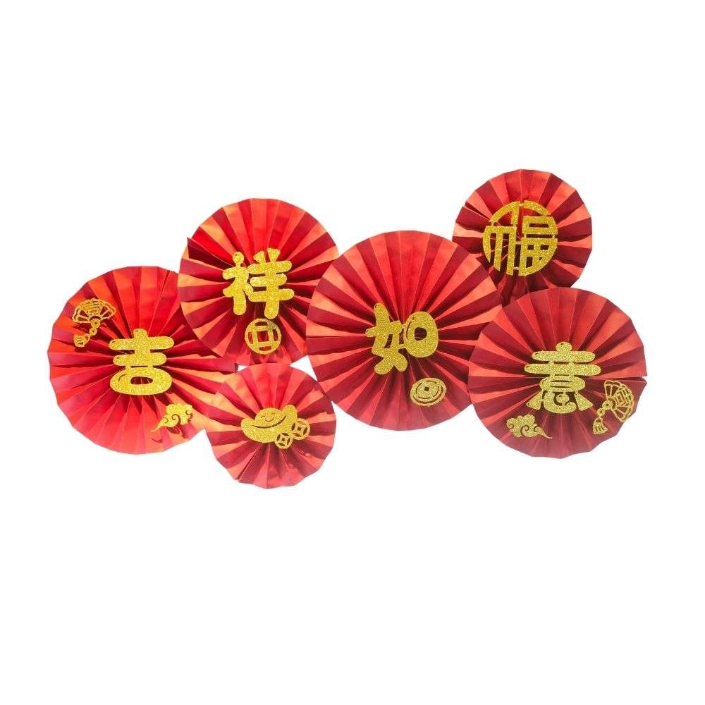 摩達客◉春節開運招財◉吉祥如意紙扇花壁飾|窗飾|掛飾(1組6片入), , large