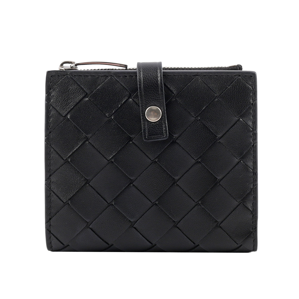 BOTTEGA VENETA 新款銀釦小羊皮編織釦式零錢袋短夾/黑色, , large