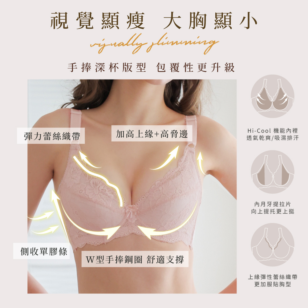 【Clany可蘭霓】台灣製新一代微乳排汗透氣 C-F大罩杯全罩顯瘦內衣 加大下圍 玫瑰粉 8078-31, , large