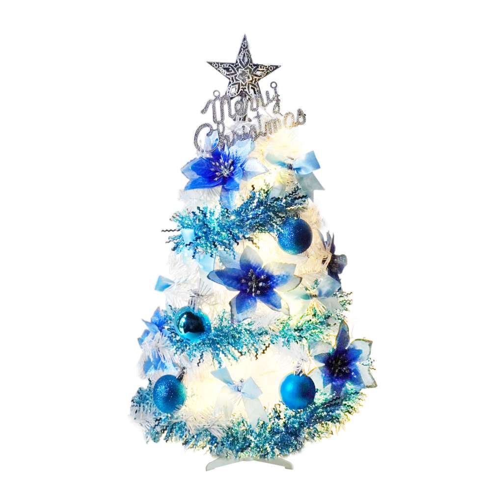 摩達客-台灣製2尺(60cm)精緻白色聖誕樹+聖誕花冰湖水藍系飾品組+50燈LED燈串暖白光-USB電池盒兩用充電/本島免運費MIT歐美外銷款, , large