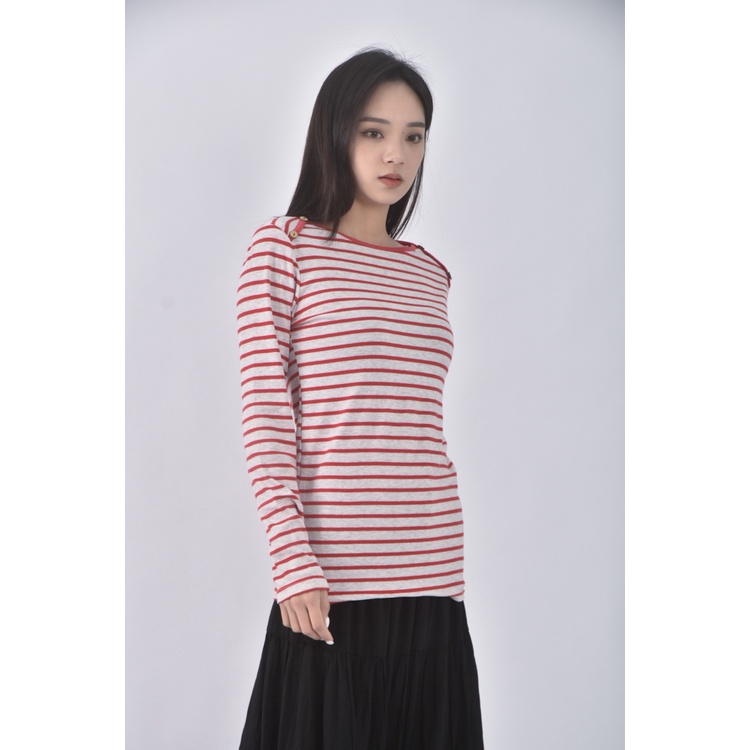 (S) la mondo棉質橫條紋灰紅色長袖上衣二手衣, , large