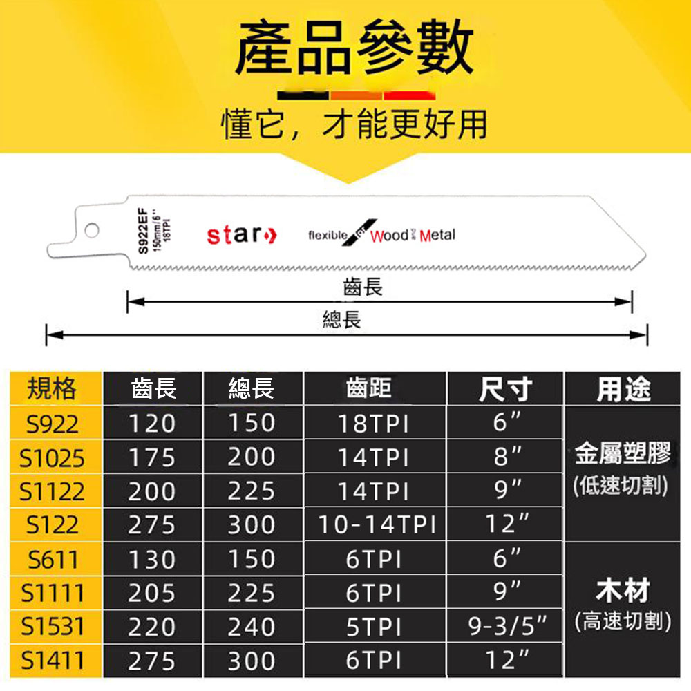 225mm fine-tooth reciprocating saw blade made of S1122 high-carbon steel., , large