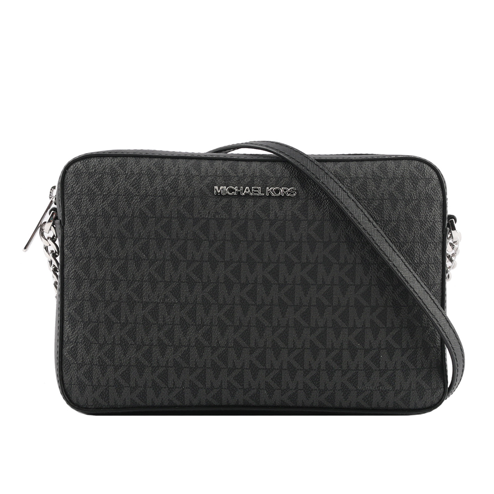 Michael Kors 銀字滿版LOGO拚色方形鏈帶斜背包/黑色, , large