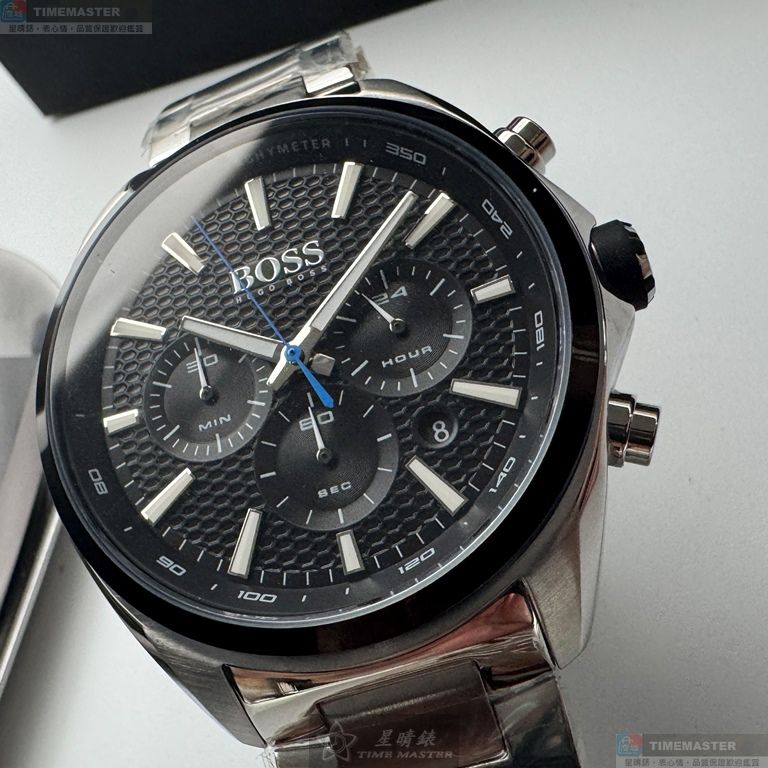 [星晴錶業]BOSS手錶,46mm,HB1513857黑色錶面銀錶殼銀色精鋼錶帶款, , large