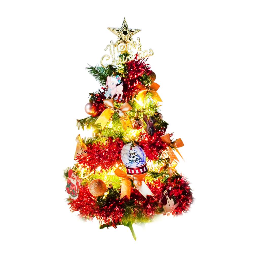 摩達客-台灣製2尺(60cm)精緻型裝飾綠色聖誕樹+童話彩繪木牌水晶球紅金系列飾品組+50燈LED燈串暖白光-USB電池盒兩用充電/本島免運費/歐美外銷款, , large