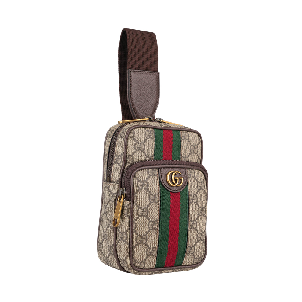 GUCCI GG Ophidia 塗層帆布及皮革綠紅織帶迷你胸口包/米色/烏木色, , large
