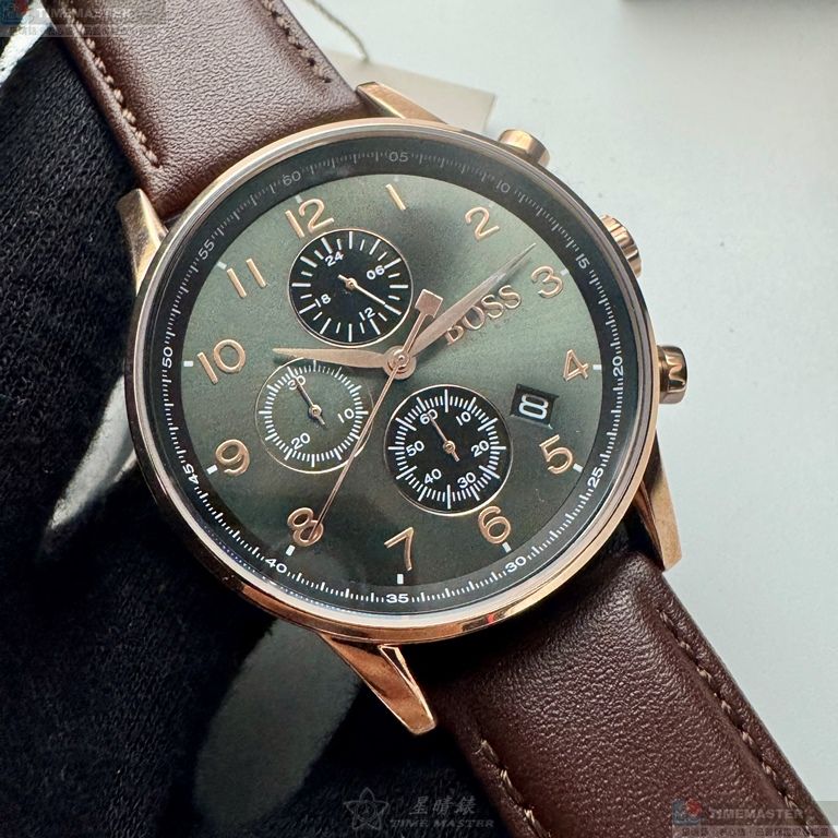 [星晴錶業]BOSS手錶,44mm,HB1513496黑色錶面玫瑰金錶殼咖啡色真皮皮革錶帶款, , large