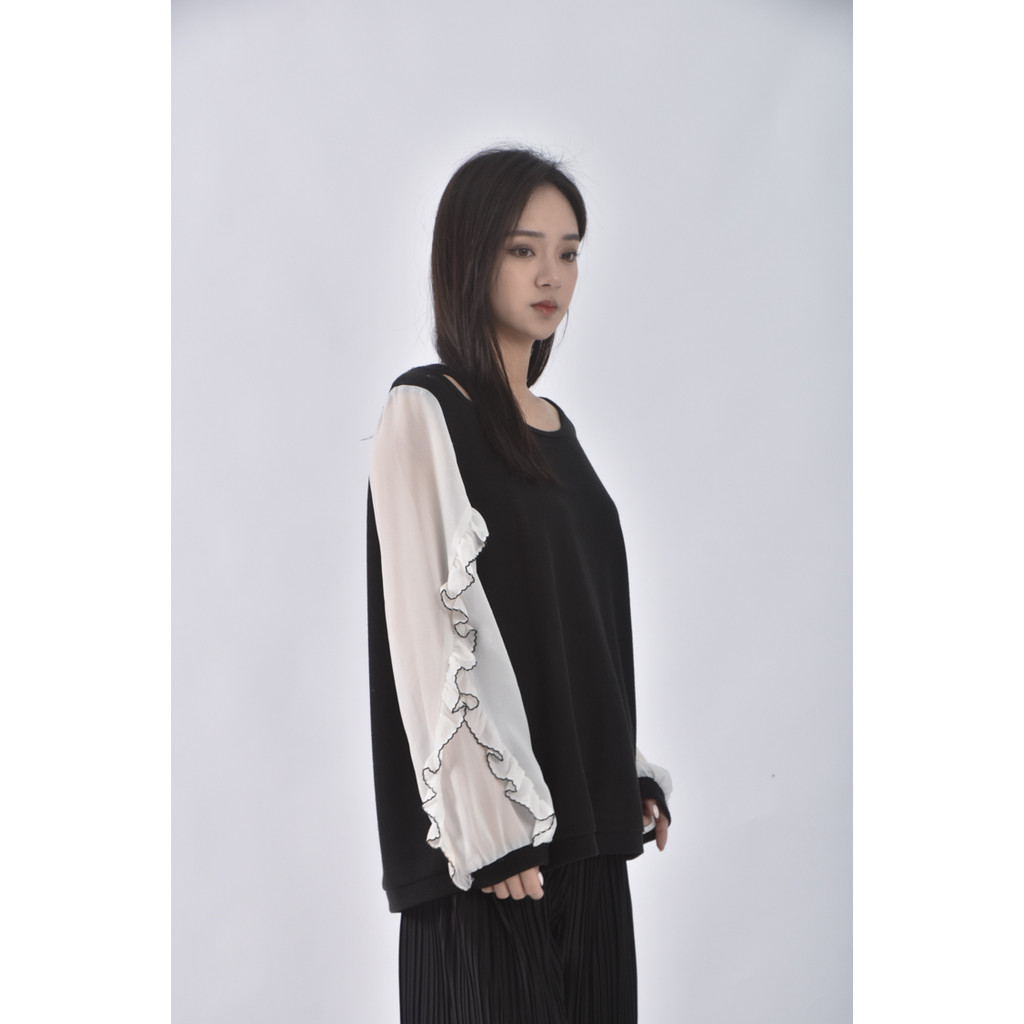 (XL) 拼色黑色長袖上衣二手衣, , large