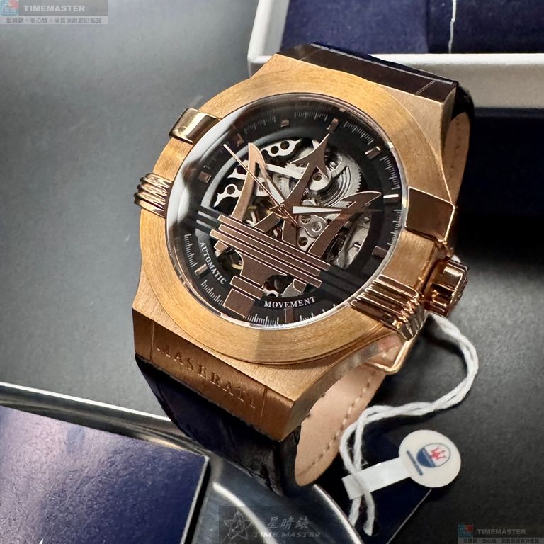 [星晴錶業]MASERATI手錶,42mm,R8821108002機械鏤空錶面玫瑰金錶殼深黑色真皮皮革錶帶款, , large