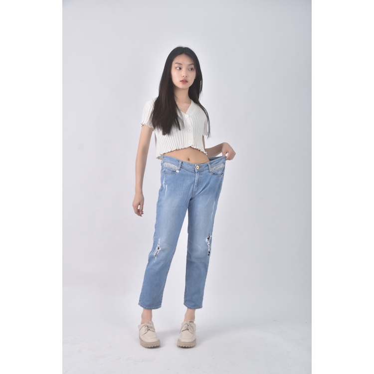 (XL) some thing丹寧牛仔質感棉質破洞藍色長褲二手衣, , large