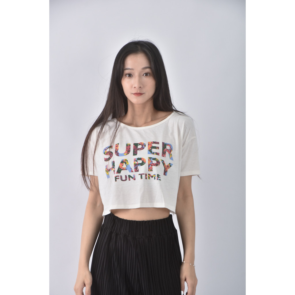 (XL) 修身短版字母白色短袖上衣二手衣, , large