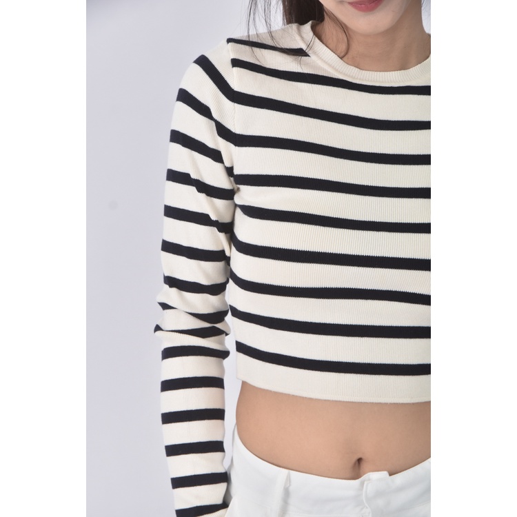 (S) 【安于晴Charlene私服】zara質感修身短版條紋白色長袖上衣二手衣, , large