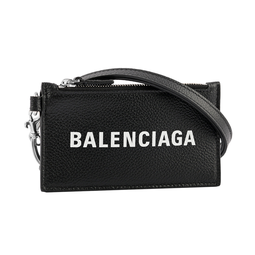 BALENCIAGA 經典Logo牛皮小款卡片夾/附可拆式掛繩/黑色, , large