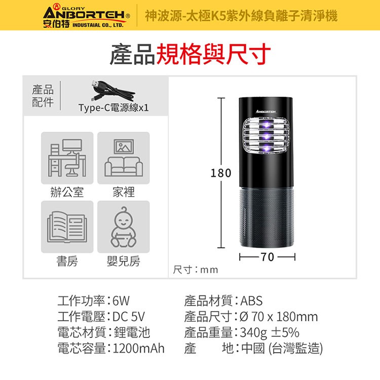 【安伯特】神波源 太極K5紫外線負離子 車用空氣清淨機 USB供電 紫外線殺菌 負離子淨化 R3D197, , large