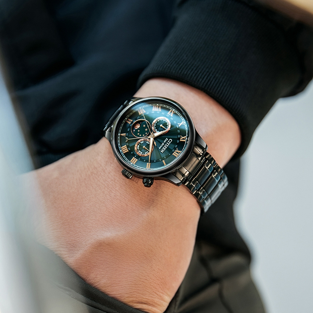 CITIZEN 星辰 亞洲限定 光動能紳男月相手錶 AP1055-87X, , large
