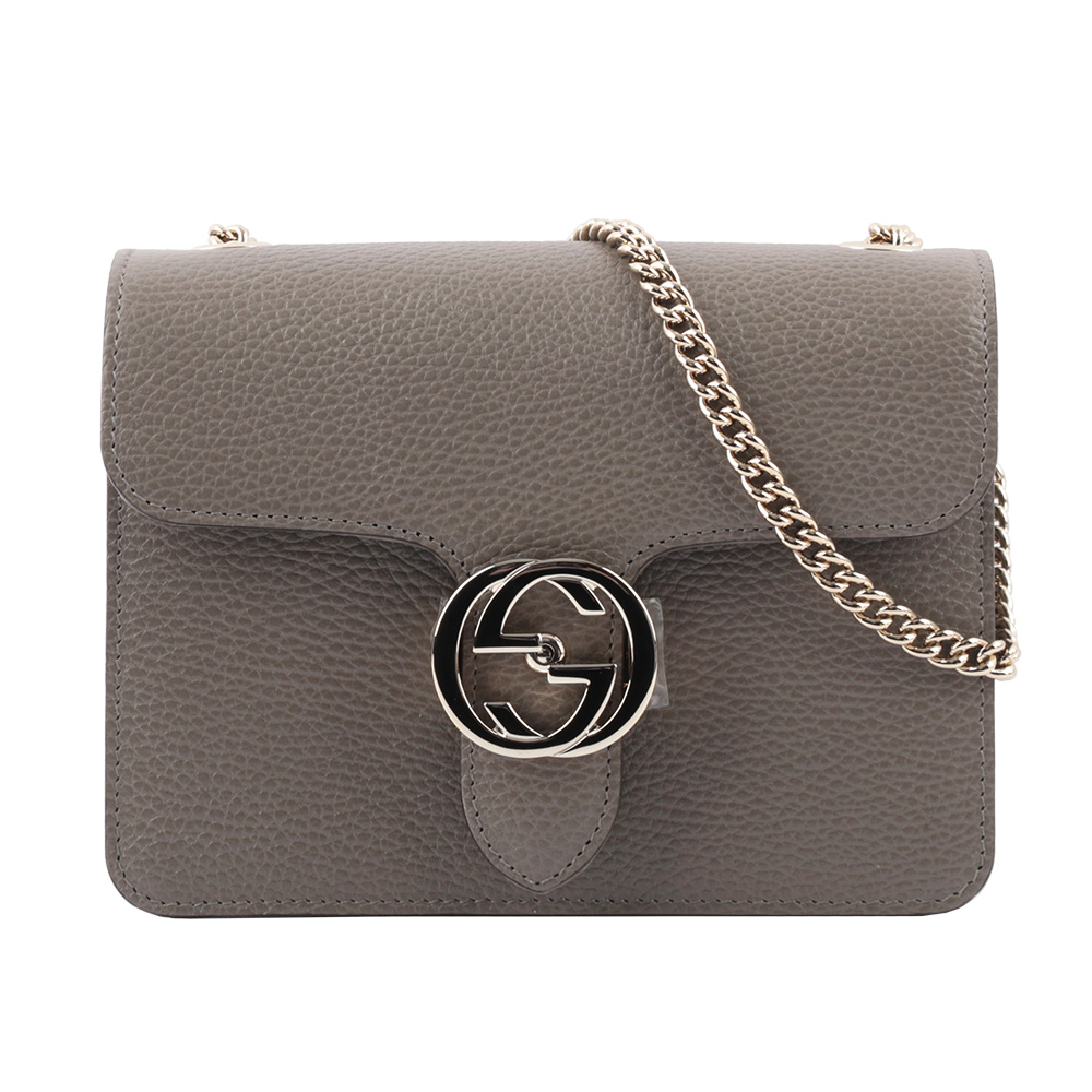 GUCCI 金屬雙G Logo荔枝皮革方形斜背包/灰色, , large