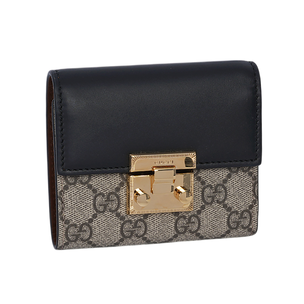 GUCCI Padlock 鎖釦設計塗層帆布及皮革三折短夾/米色/黑色, , large