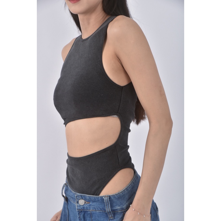 (S) 【里唯私服】RUMOR HAS IT高腰露肚開襠灰色連身裝二手衣, , large