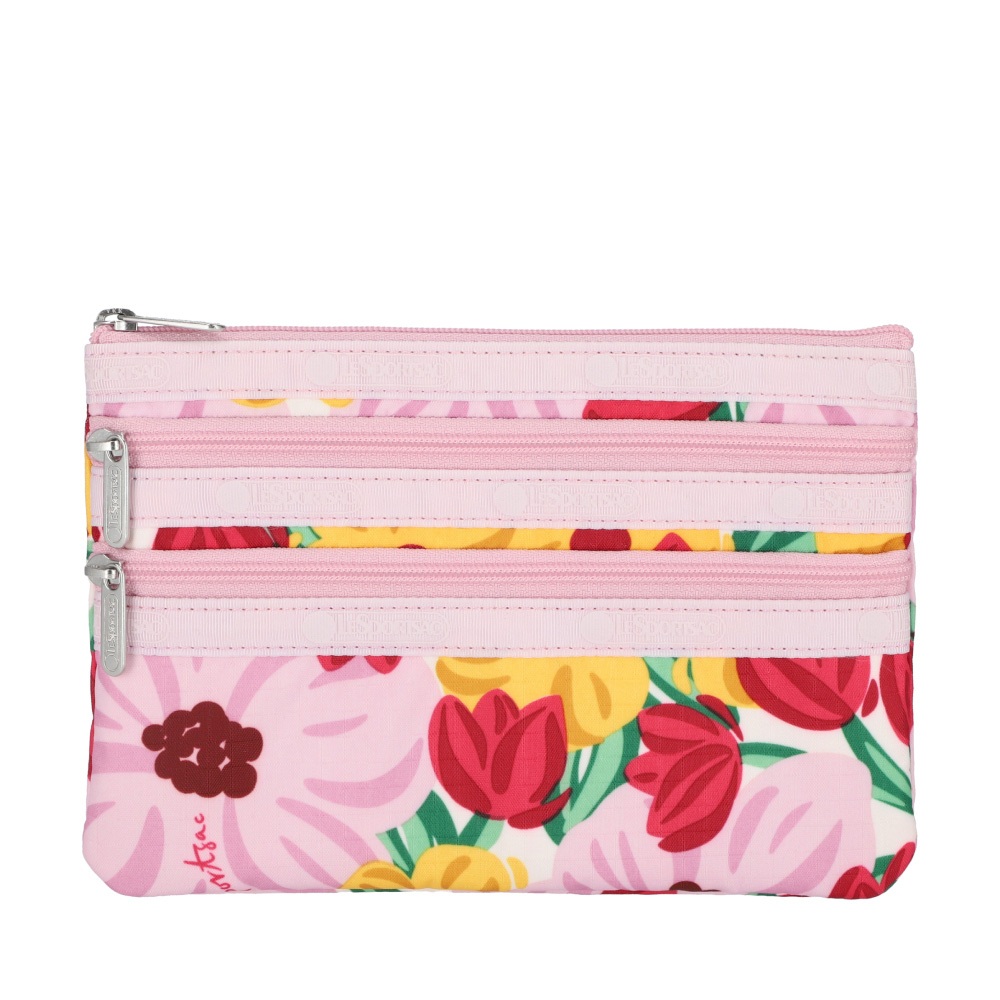 Lesportsac 3-zip Cosmetic 三層拉鍊化妝包 送禮推薦-粉紅花漾, , large