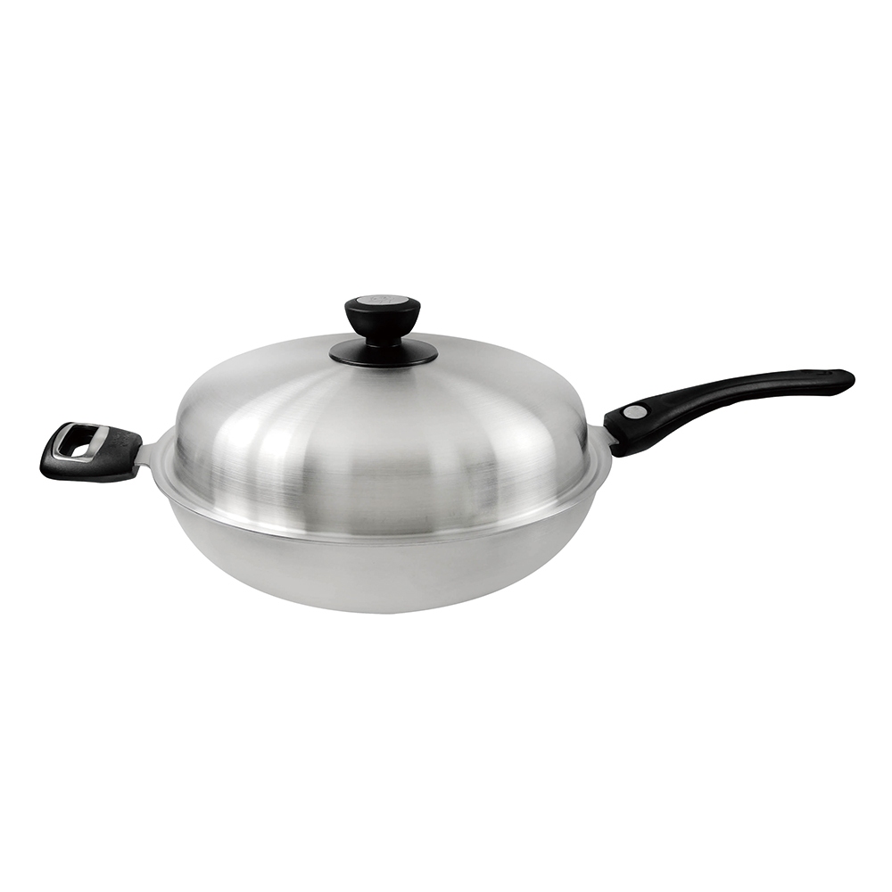 [American MotherGoose] Medical grade 316 stainless steel Leo IH magnetic seven-layer composite gold wok 33cm + red and black silicone pan + free 316 cooking pot + food clip , , large