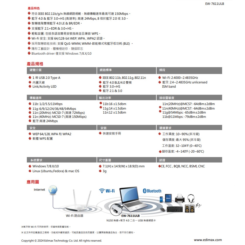 昌運監視器 EDIMAX 訊舟 EW-7611ULB N150無線&藍牙4.0二合一USB無線網路卡, , large