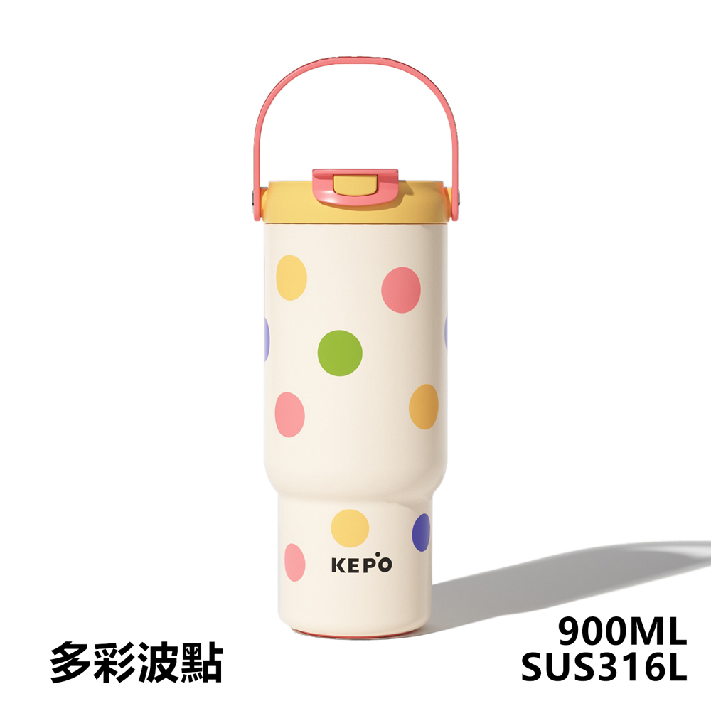 KEPO LQ 900ML KC008 手提雙飲吸管杯 316L不銹鋼內膽 紫藤生花, , large