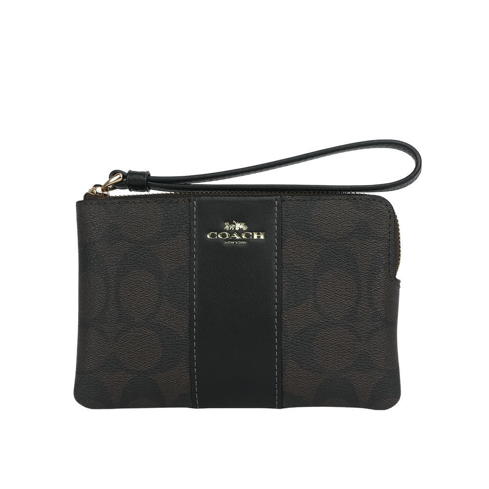 COACH 塗層帆布及再生皮革L 型拉鍊手拿包/巧克力/黑色, , large