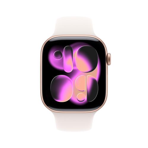 Apple Watch S11 GPS 42mm 玫瑰金色鋁金屬錶殼搭淡胭粉色運動錶帶 S/M _ 台灣公司貨 + 專用【錶貼 ＆ 錶套】, , large