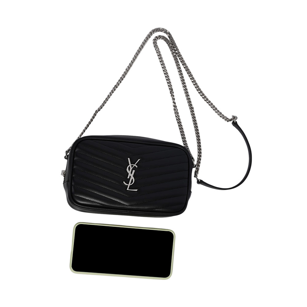 YSL Mini Lou 銀字V紋小牛皮相機包/斜背包/黑色, , large
