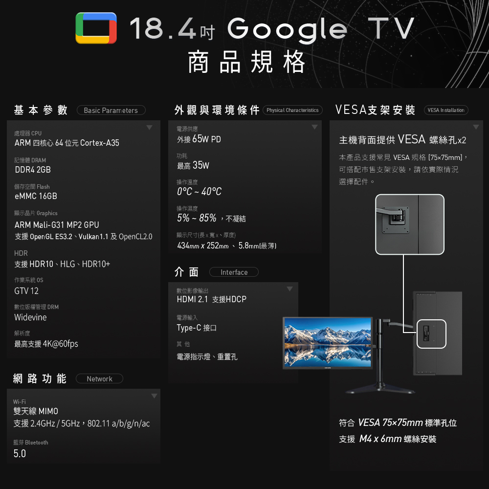 【台陞科技】REAICE 美國Kinhank18.4型IPS可攜式Google TV/外接螢幕 贈送65W三孔充電器+TypeC充電線+防潑水電腦包, , large