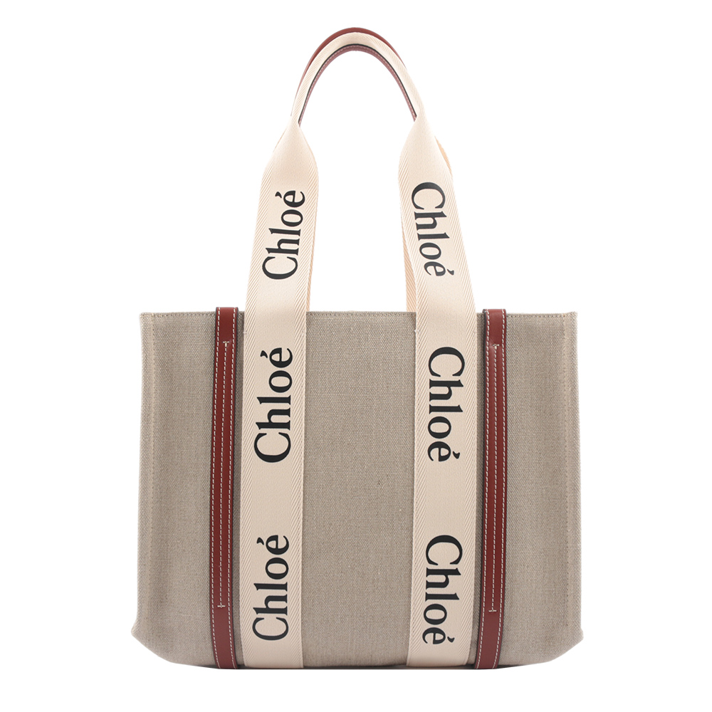 CHLOE' Woody 亞麻帆布拼牛皮托特包/中款/焦糖色, , large