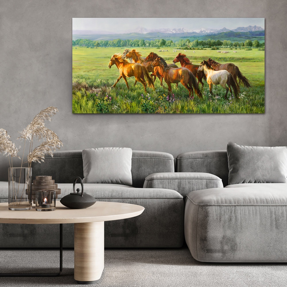 【御畫房】八駿雄風 國家一級畫師手繪油畫60×120cm(VF-132), , large