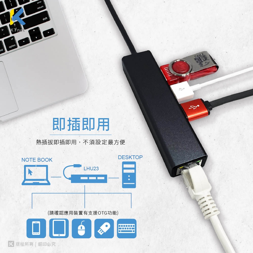 KTnet LHU23 100MB network card + 3-port USB2.0 hub Type-C/USB adapter High-speed network stable transmission, , large