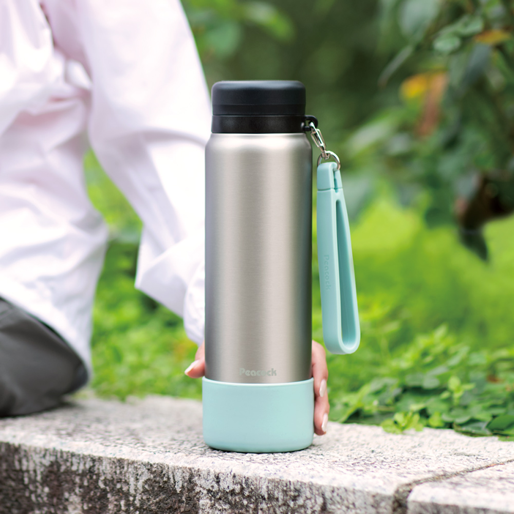 【日本孔雀Peacock】運動隨身316不鏽鋼保冷保溫杯1000ML(附運動提帶+防撞底座)-原鋼色, 原鋼色, large