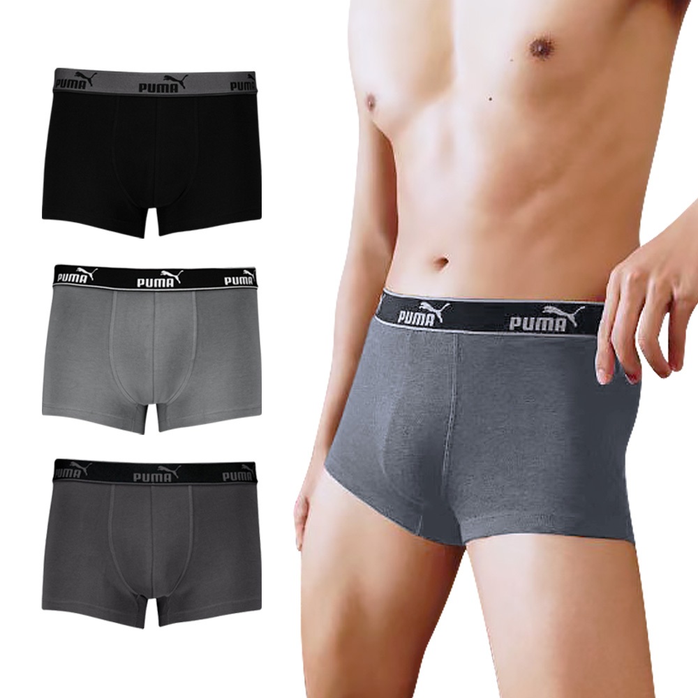 PUMA 平口內褲 3件組 彪馬 跳豹 男內褲 平角內褲 修身 防捲邊 貼合 耐穿 柔軟 棉質 透氣 抗菌 黑 深灰 灰
