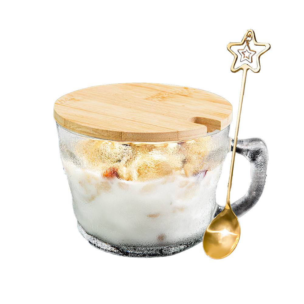 【上手家居】木蓋早餐杯 冰川紋+勺子+木蓋(玻璃杯/馬克杯/水杯/玻璃水杯/冰川杯)