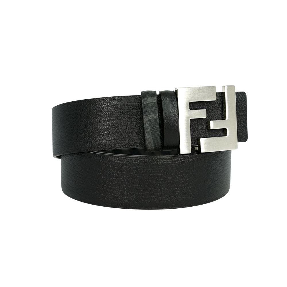 FENDI FF Squared 銀釦帆布及牛皮 100cm 雙面可用皮帶/黑色/黑灰色, , large