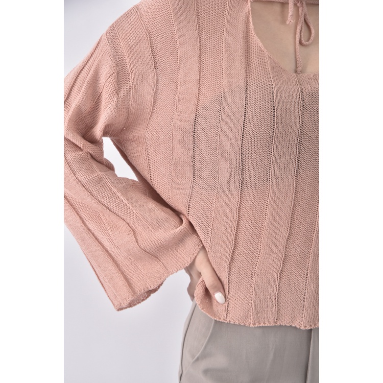 (F) 質感V領粉色長袖上衣二手衣, , large