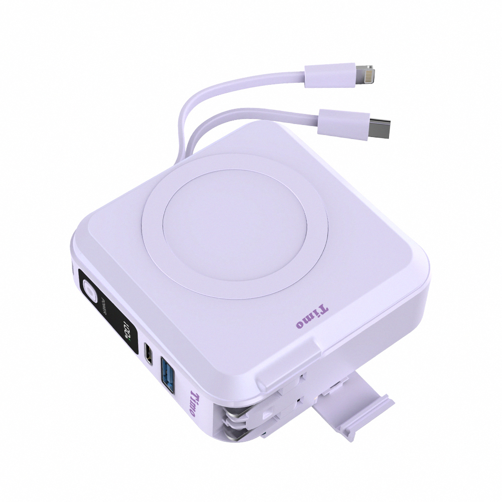 【Timo】五合一自帶線磁吸行動電源 10000mAh - PD/QC快充｜無線充電｜萬用充 | Wh標示 - 薰衣草紫, , large