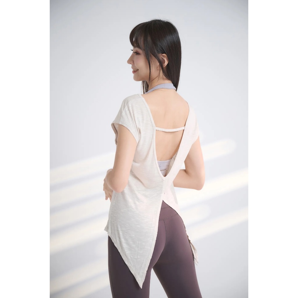 YOGA FLOW Back Tie Tshirt - 短袖美背綁帶開叉兩穿罩衫 - 蕎麥, , large