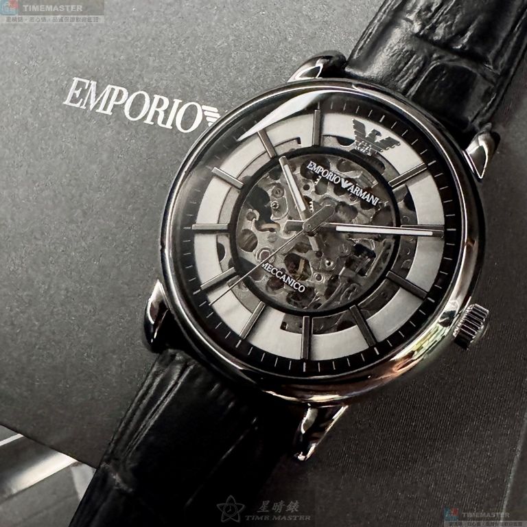 [星晴錶業]ARMANI手錶,44mm,AR00073機械鏤空錶面銀錶殼深黑色真皮皮革錶帶款, , large
