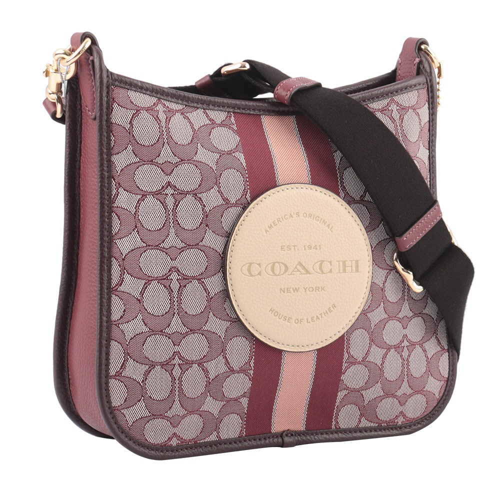 COACH Dempsey 緹花拼皮革條紋斜背包/酒紅色, , large