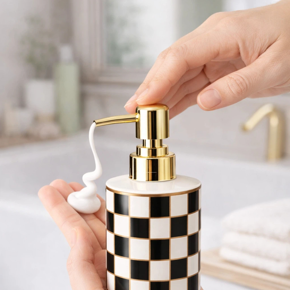 【A&R】復古棋盤格陶瓷洗護按壓瓶 300ML 三色任選, , large